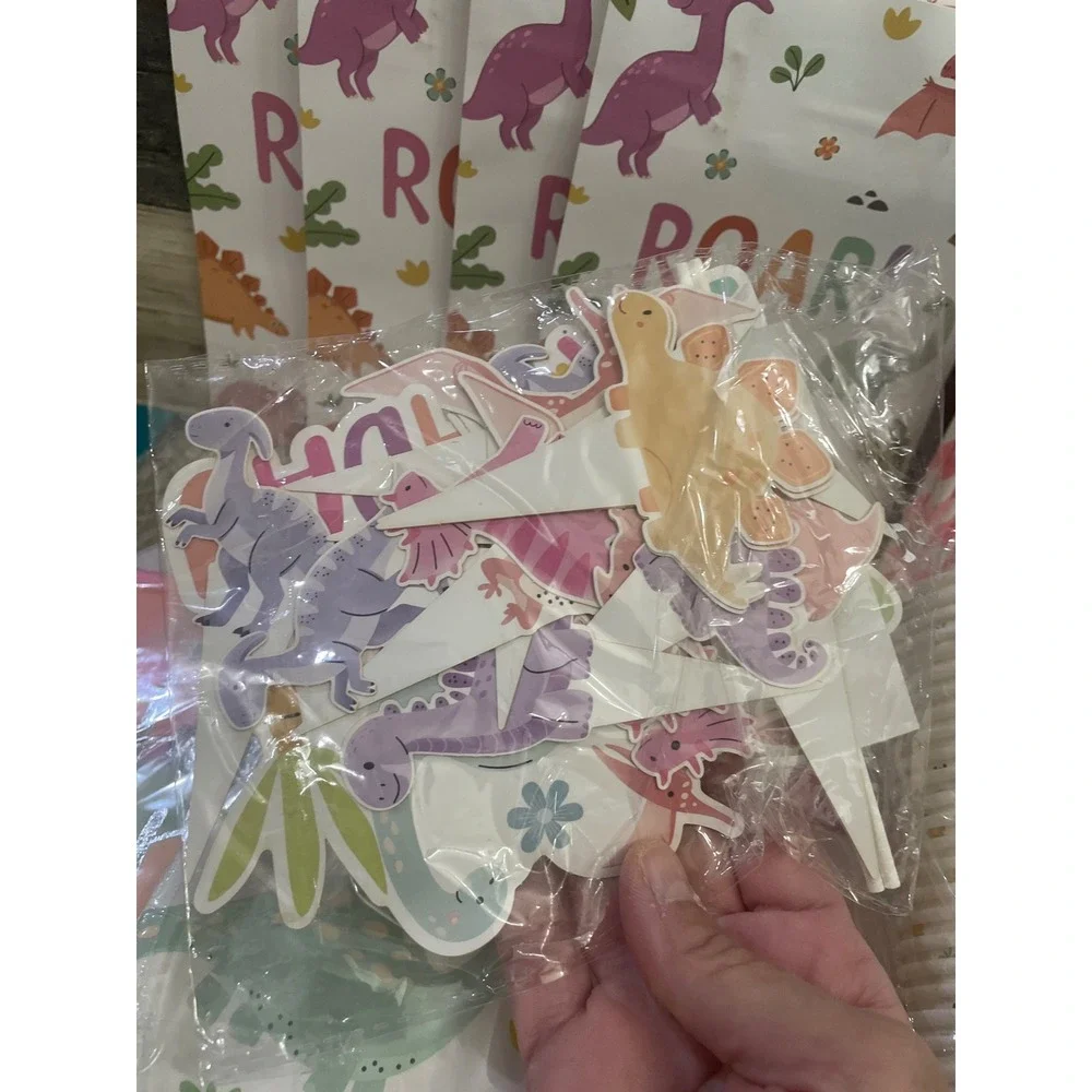 Pink Dinosaur Birthday Party Supplies Set Plates Cups Napkin Tablecloth Bag Roar